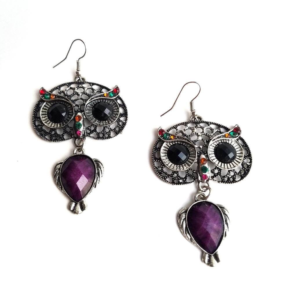 Purple bead silver tone owl dangle earrings